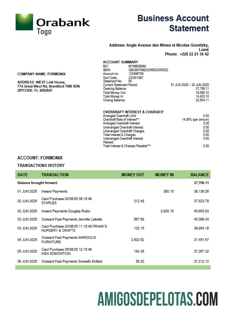 Declaração de empresa de negócios Togo Orabank em formato Word e PDF exemplo real